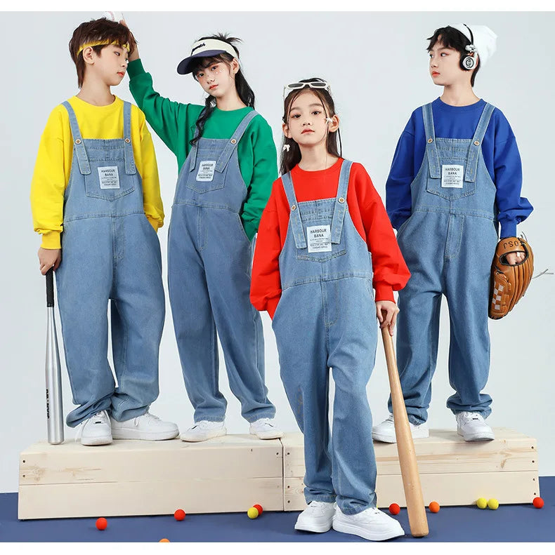 Boys Hip Hop Solid Sweatshirt Denim Loose Overalls Girls Crop Top Kids Dungaree Child Jumpsuit Street Dance Romper Streetwear