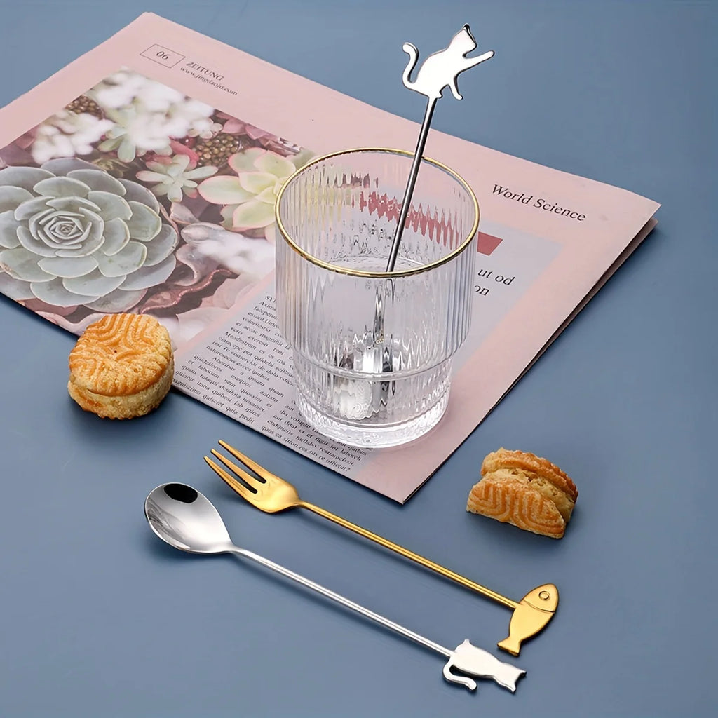 2pcs, Dessert Spoon, Stainless Steel Coffee Spoon, Cute Milk Spoon, Kawaii Cat Stirring Spoon, Reusable Ice Cream Spoon