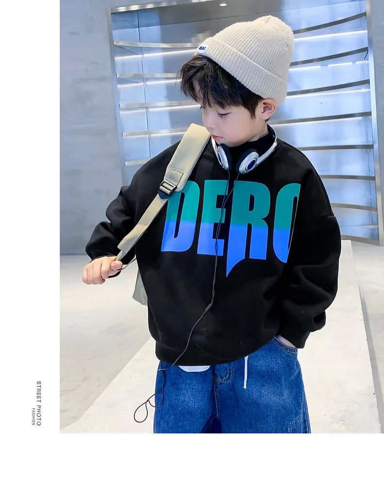 Winter Boys Warm Fleece Lined Half Turtleneck Alphabet Sweatshirt School Kids Track Pullover Coat Tops Child Work Jumper 3-16Yrs