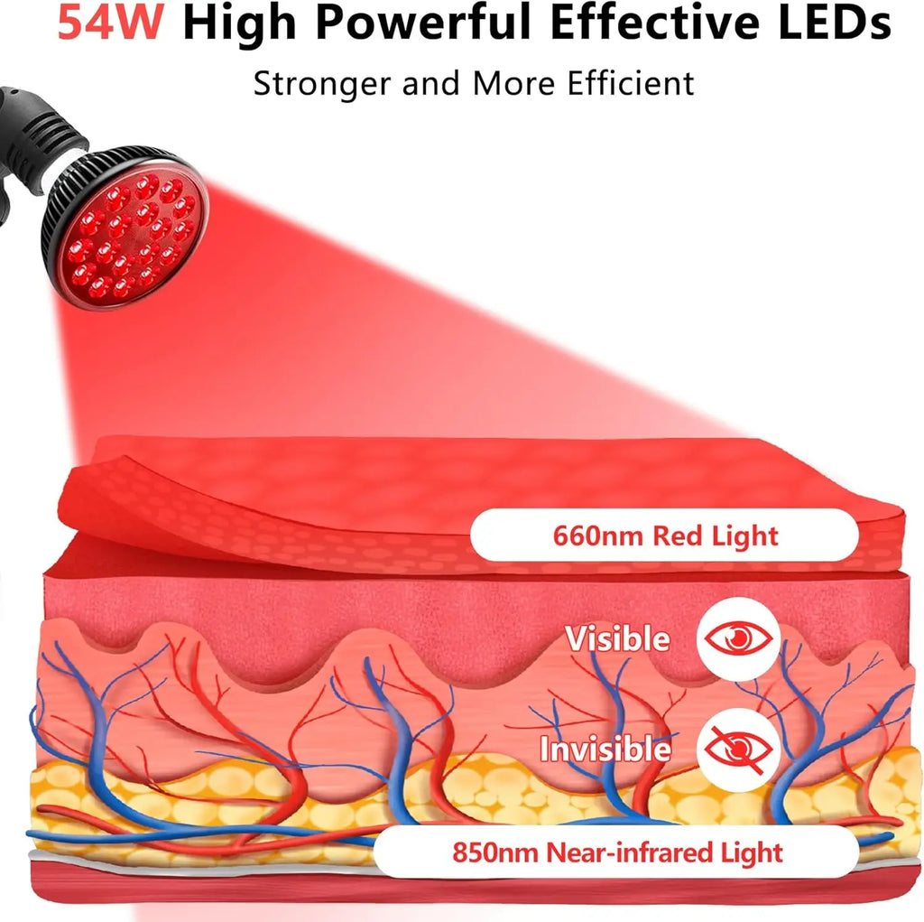 E27 LED Red 54W Light Therapy Lamp 660nm&850nm Infrared Bulb for Skin Care Pain Relief 360° Adjustable