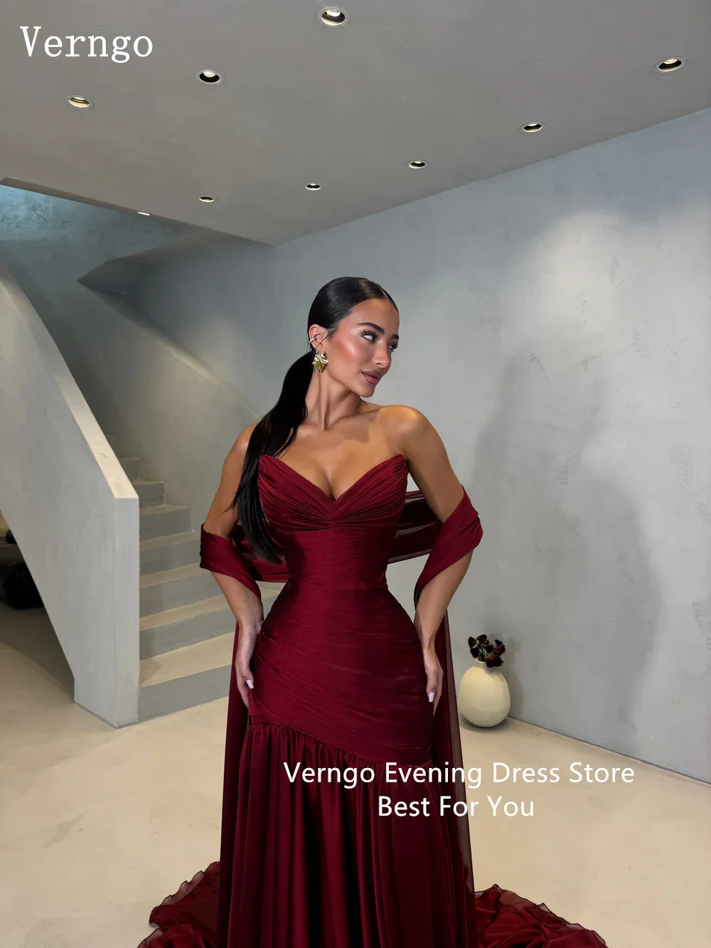 Verngo Merlot Deep Wine Red Evening Dress Draped Sweetheart Pleated Bodice Sculpts Party Dress Chiffon Shawl Prom Gowns