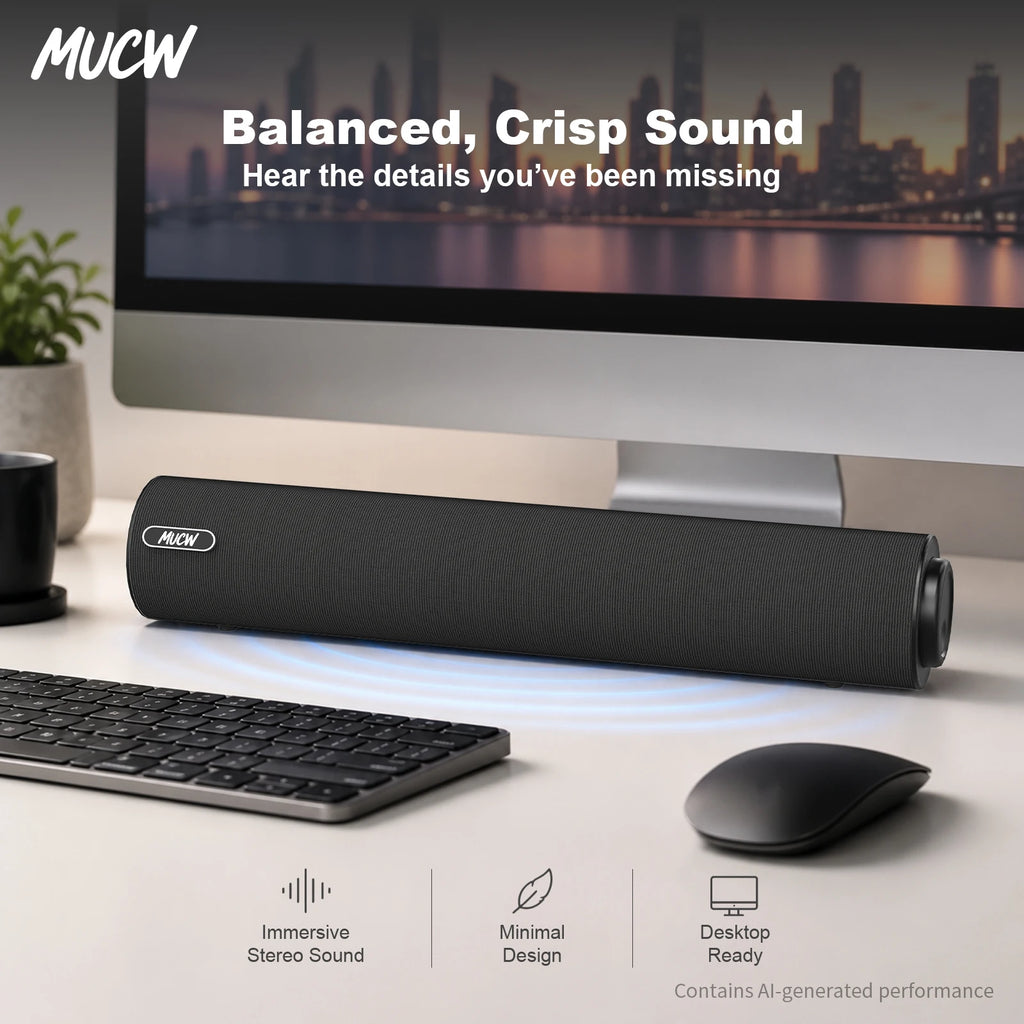 MUCW Minimalist Wired Computer Soundbar Stereo USB Power 3.5mm AUX