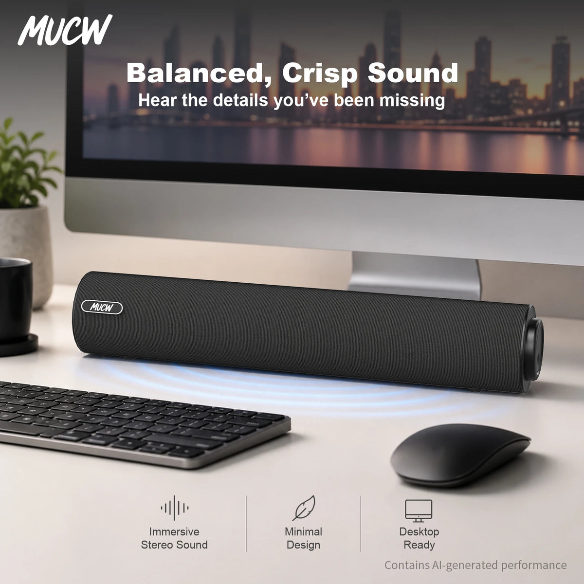 MUCW Minimalist Wired Computer Soundbar Stereo USB Power 3.5mm AUX