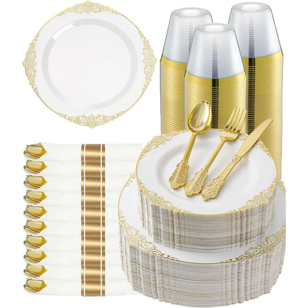 Elegant 350-Piece Gold Plastic Dinnerware Set: 100 Rimmed Plates, 150 Cutlery, 50 Napkins, 50 Cups for Parties & Weddings