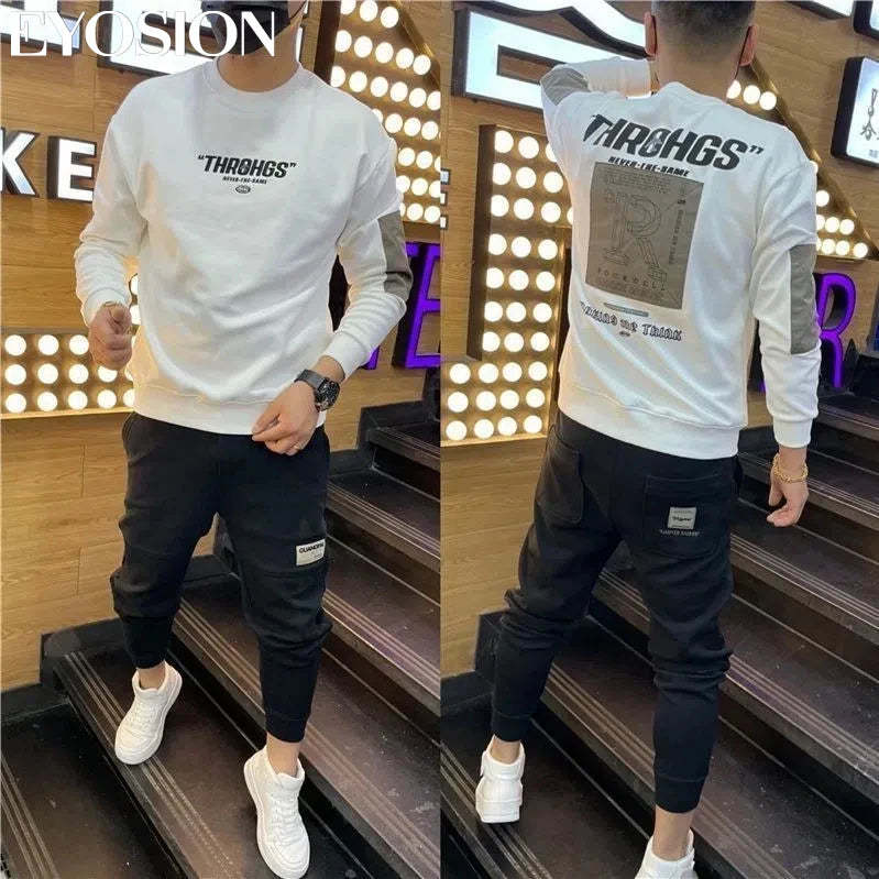 Autumn Youth Men's Sweatshirt Pullovers Letter Print Round Neck Slim Fit Thicken Hoody Long Sleeve Casual Sweatshirt Male Tops