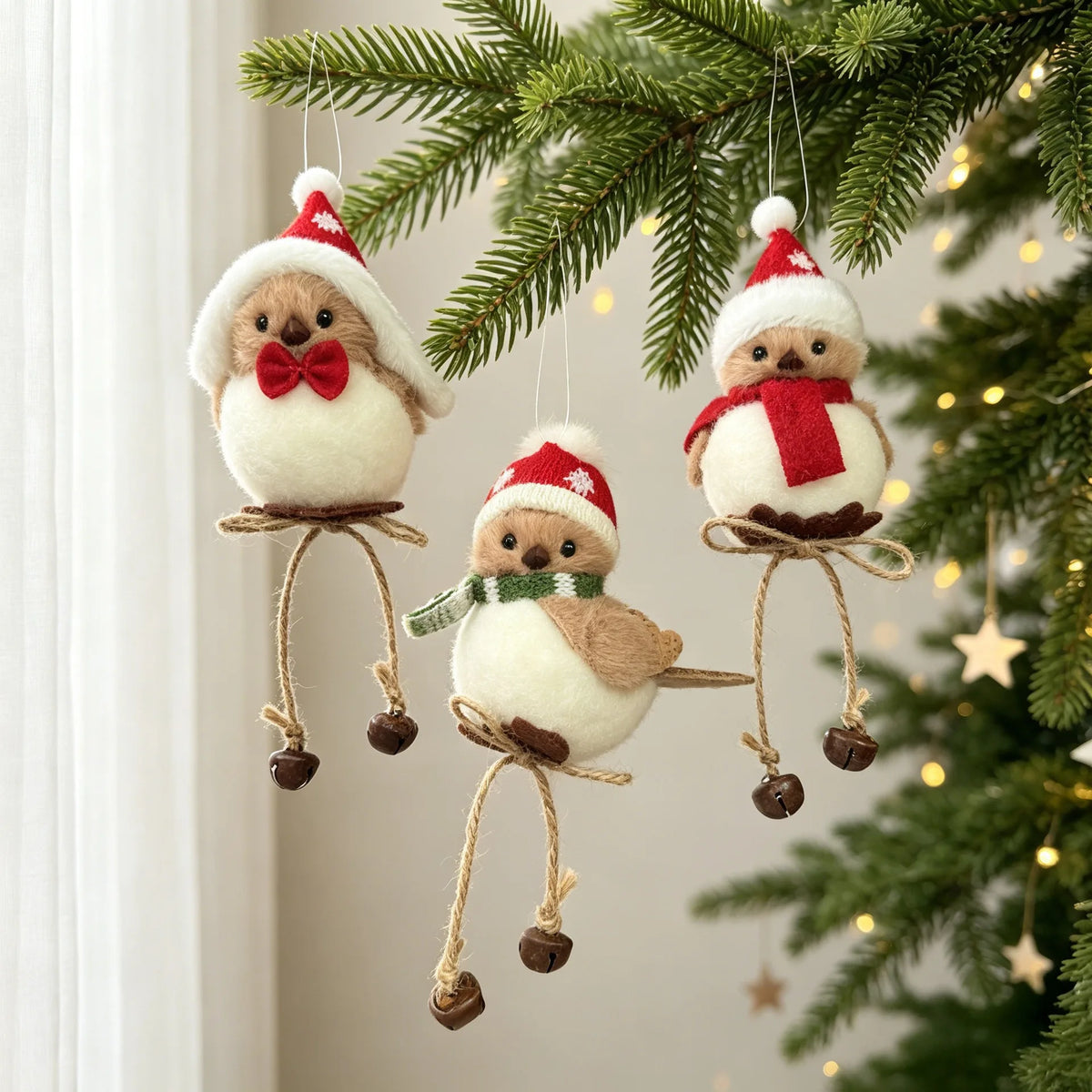 1pc Christmas Tree Hanging Ornament Cute Plush Bird with Santa Hat