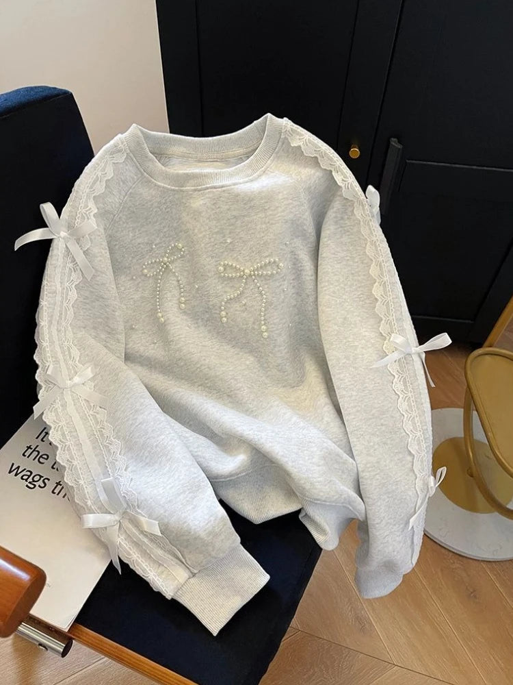 Grey Woman Pullover Tops Lace Emo Cotton Y2k Style New in Dropshiping Vintage 2025 Trend Basic Matching Bow Sweatshirt for Women