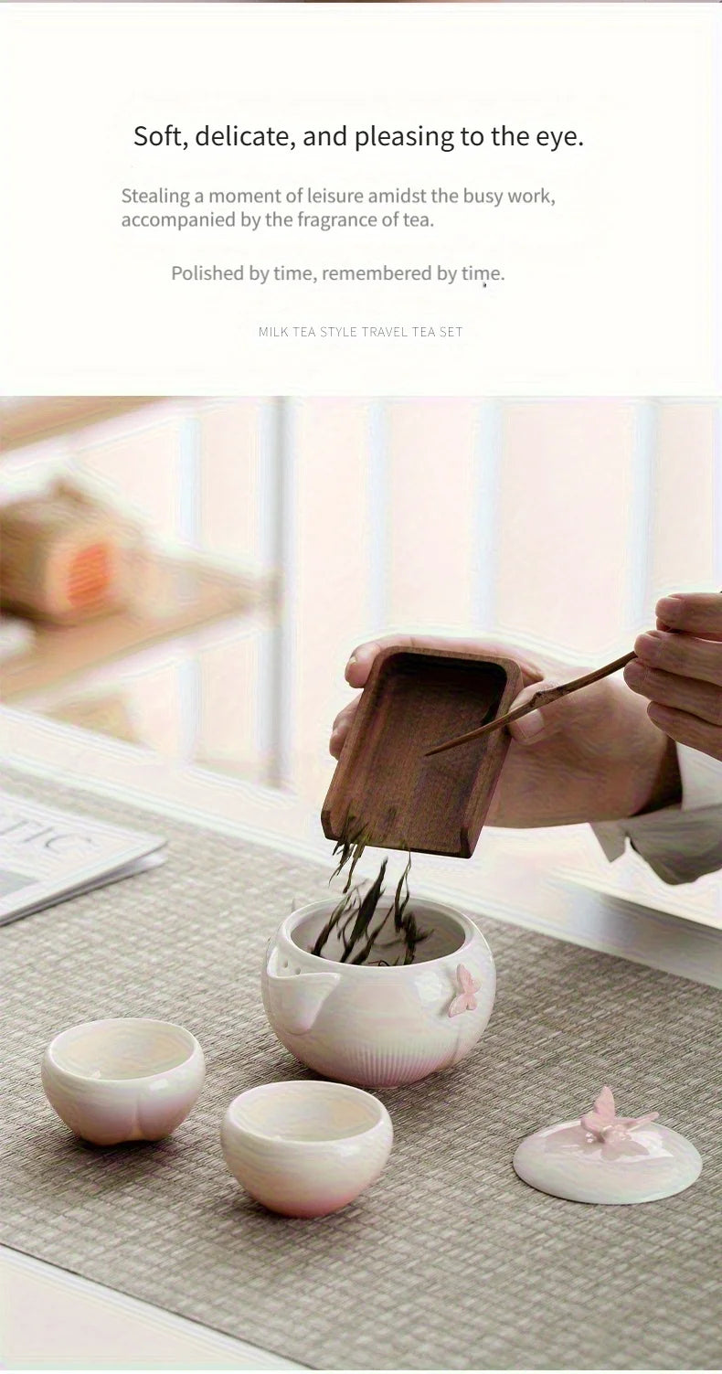 Butterfly-shaped tea set with storage bag, portable camping ceramic teapot suitable for outdoor, travel, and home use