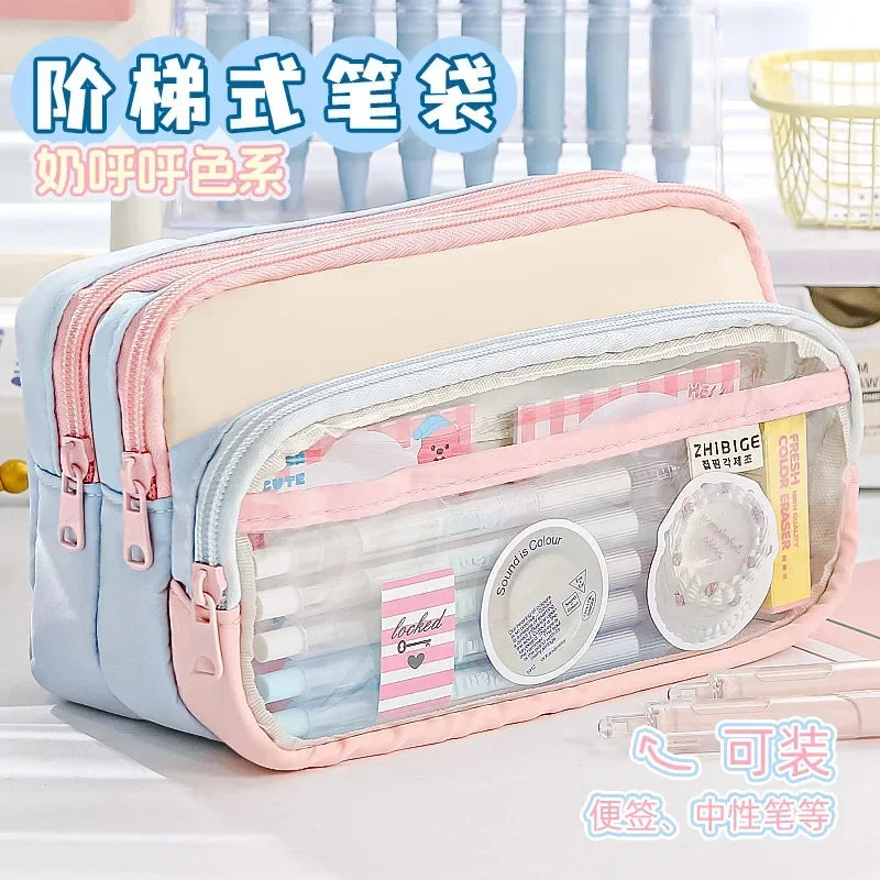 Kawaii Pencil Bag Large Capacity 3 Compartments Pencil Case Pen Pouch Desk Organizer School Supplies Cute Korean Stationery