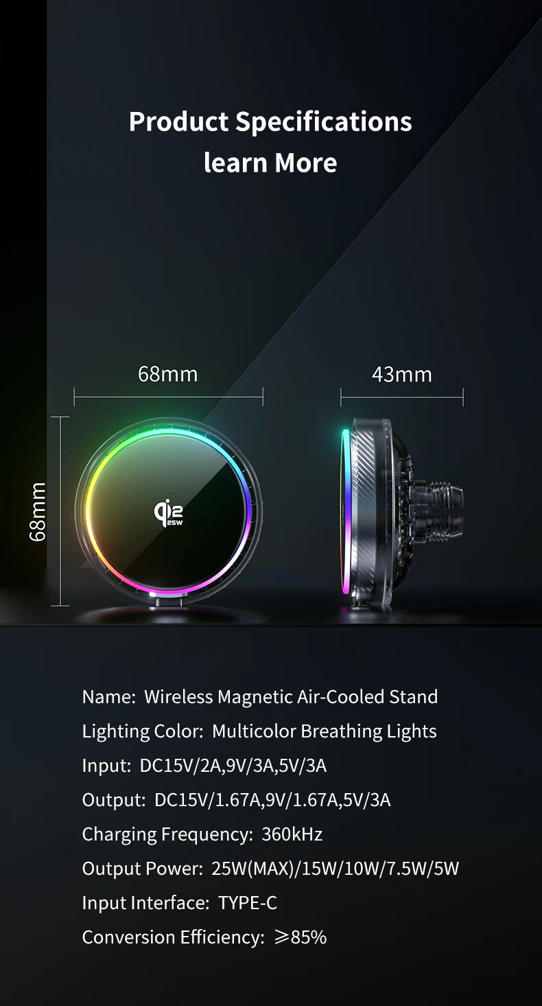Car Magnetic Wireless Charger Qi2.2 25W Air Cooling RGB Light  Phone Holder For Magsafe iPhone 17 16 15 14 13 12 Fast Charging