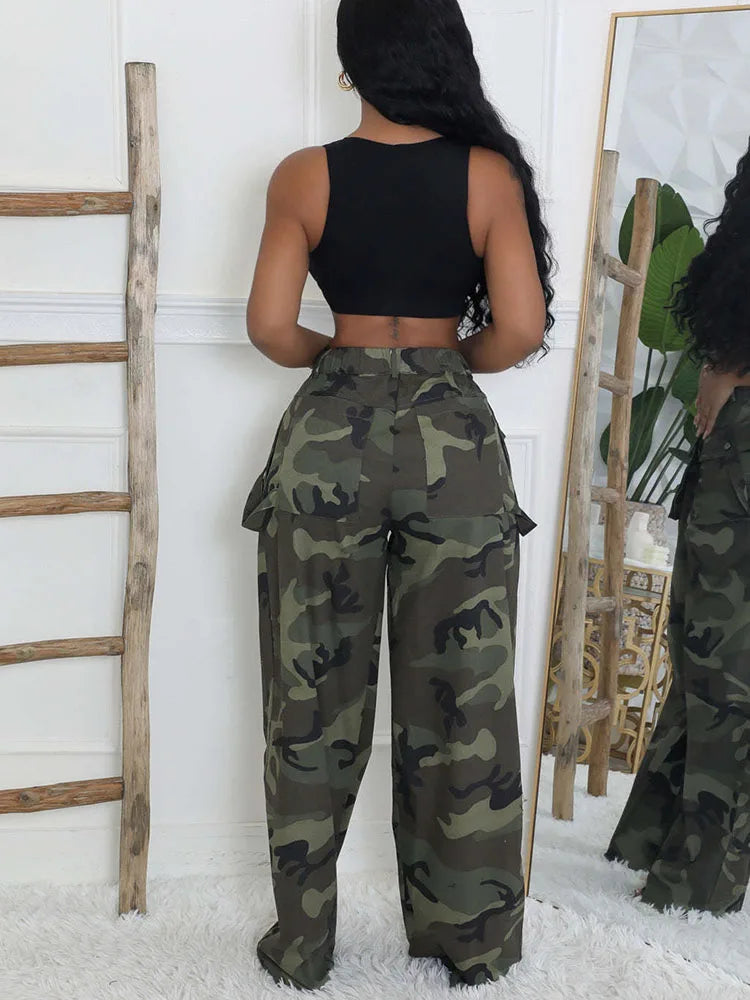 Camouflage Printed Cargo Pants for Women Y2K Vintage Buttons