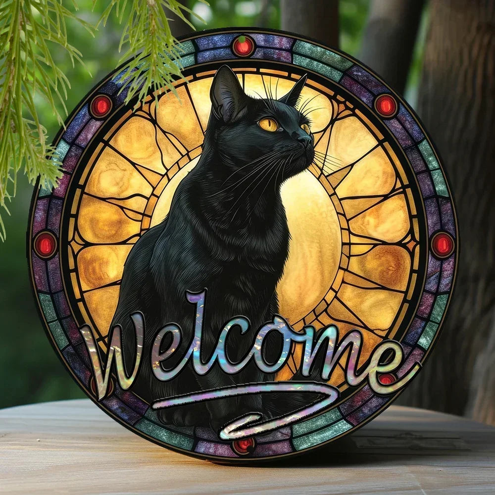 Cute Black Cat Gift Theme Round Metal Aluminum Sign Art Desktop Decorative Plates for Bar Cafe Club Yard Home Office Wall Decor