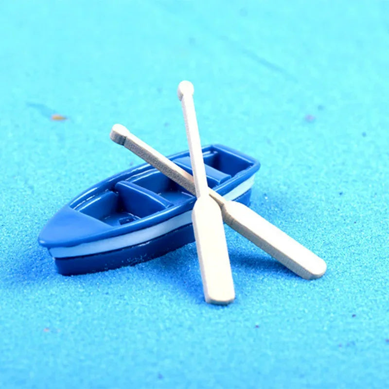 Blue Resin Boat Wood Paddles Oars Figures Decorative Figurine Diy Home Decor Mini Fairy Garden Aquarium Fish Tank Statue Craft