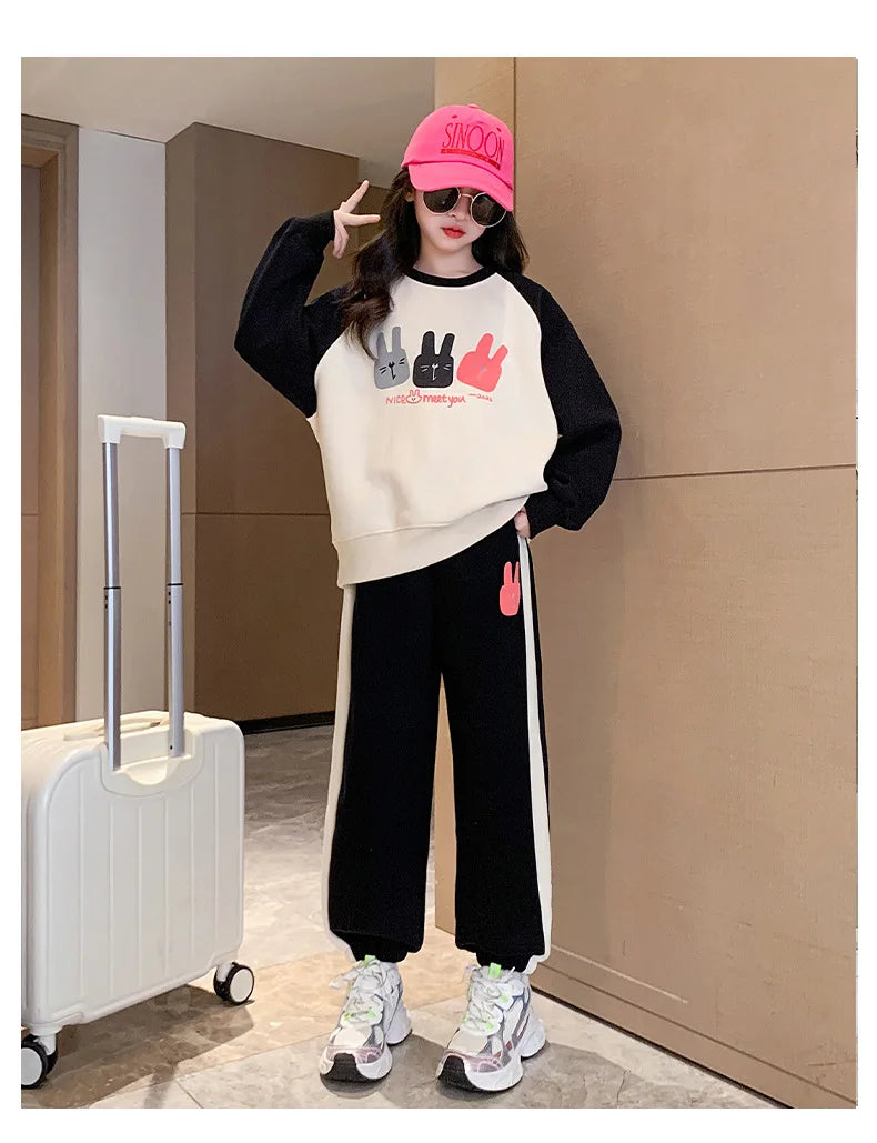 Girls Cotton Contrast Cartoon Alphabet Loose Sweatshirt+Sweatpant School Kids Tracksuit Child Jogger Outfit Workout Sets 5-16Yrs