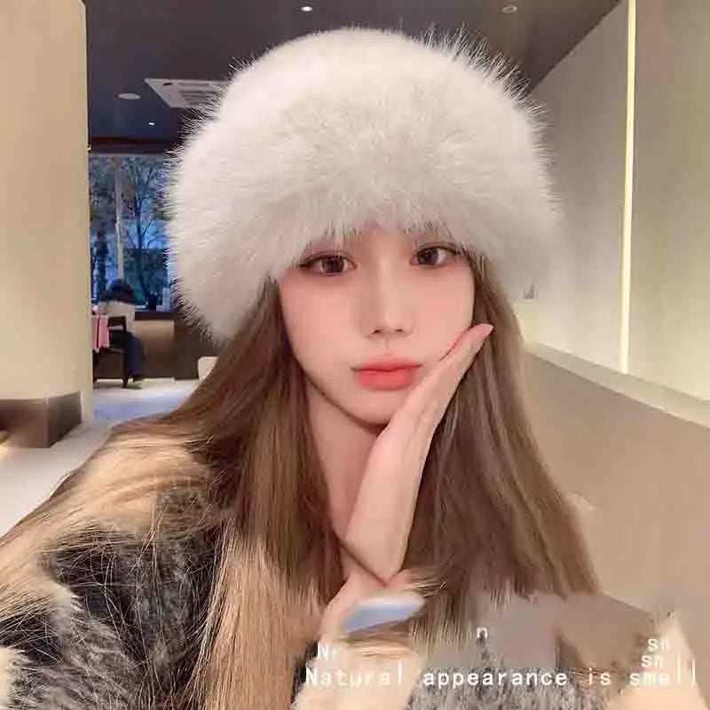 Winter Thick Warm Furry Beanies Hat Women Fashion Imitation Mink Fur Russian Cap Solid Color Plush Brimless Cap Brimless Ski Hat