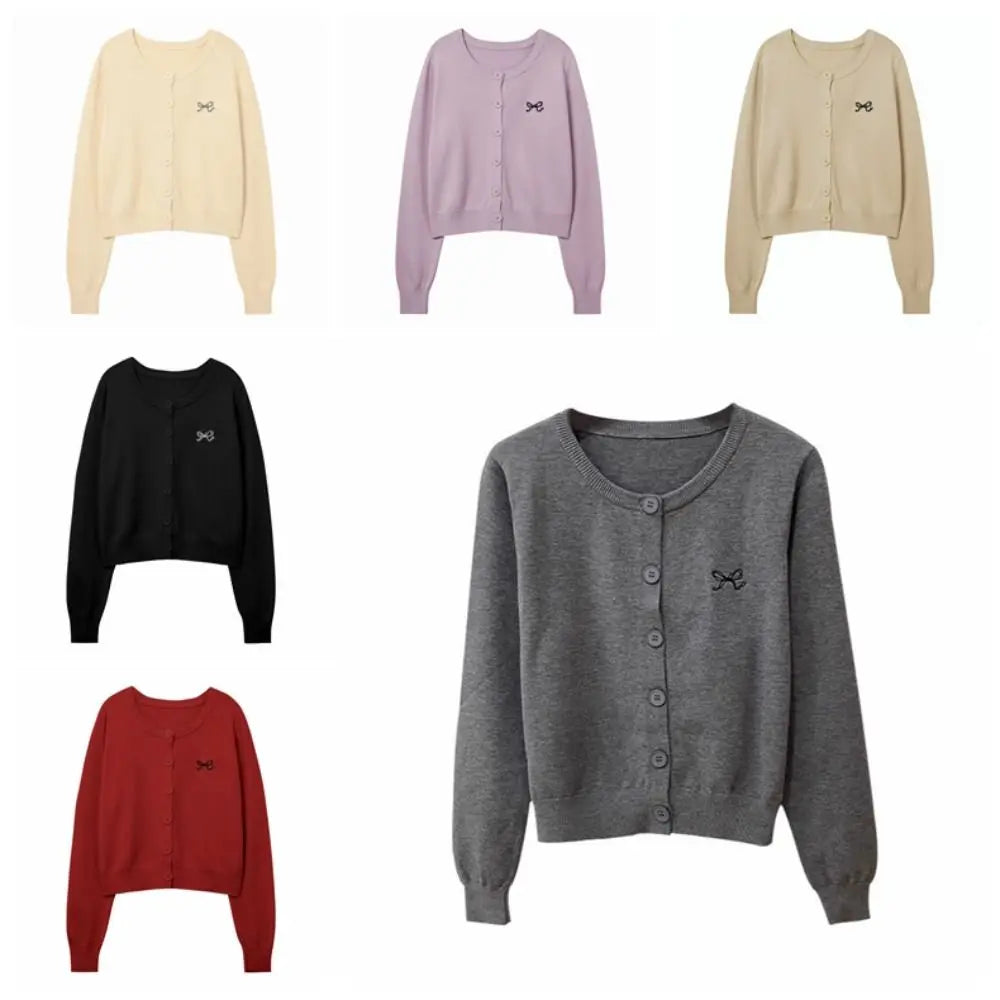 Solid Bowknot Crochet Sweaters Autumn Spring Long Sleeve Cardigans