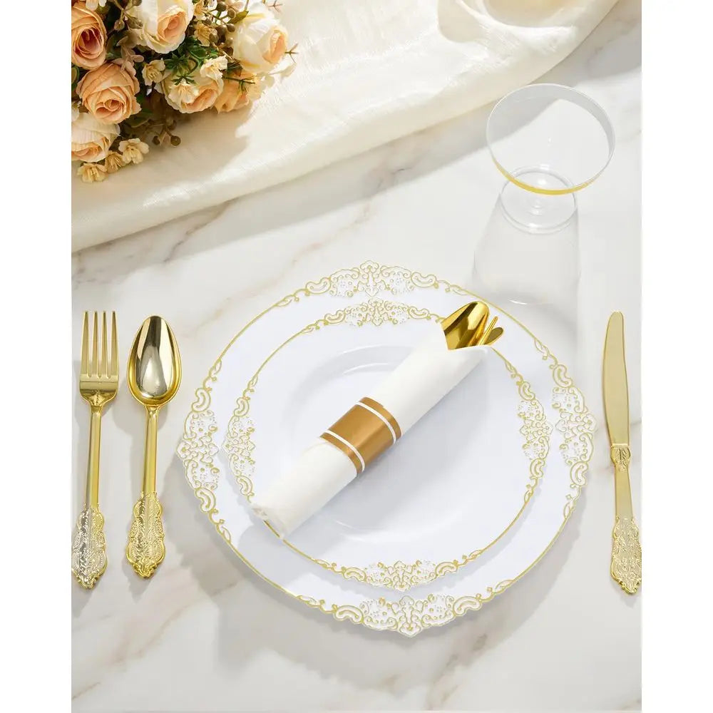 Elegant 350-Piece Gold Plastic Dinnerware Set: 100 Rimmed Plates, 150 Cutlery, 50 Napkins, 50 Cups for Parties & Weddings