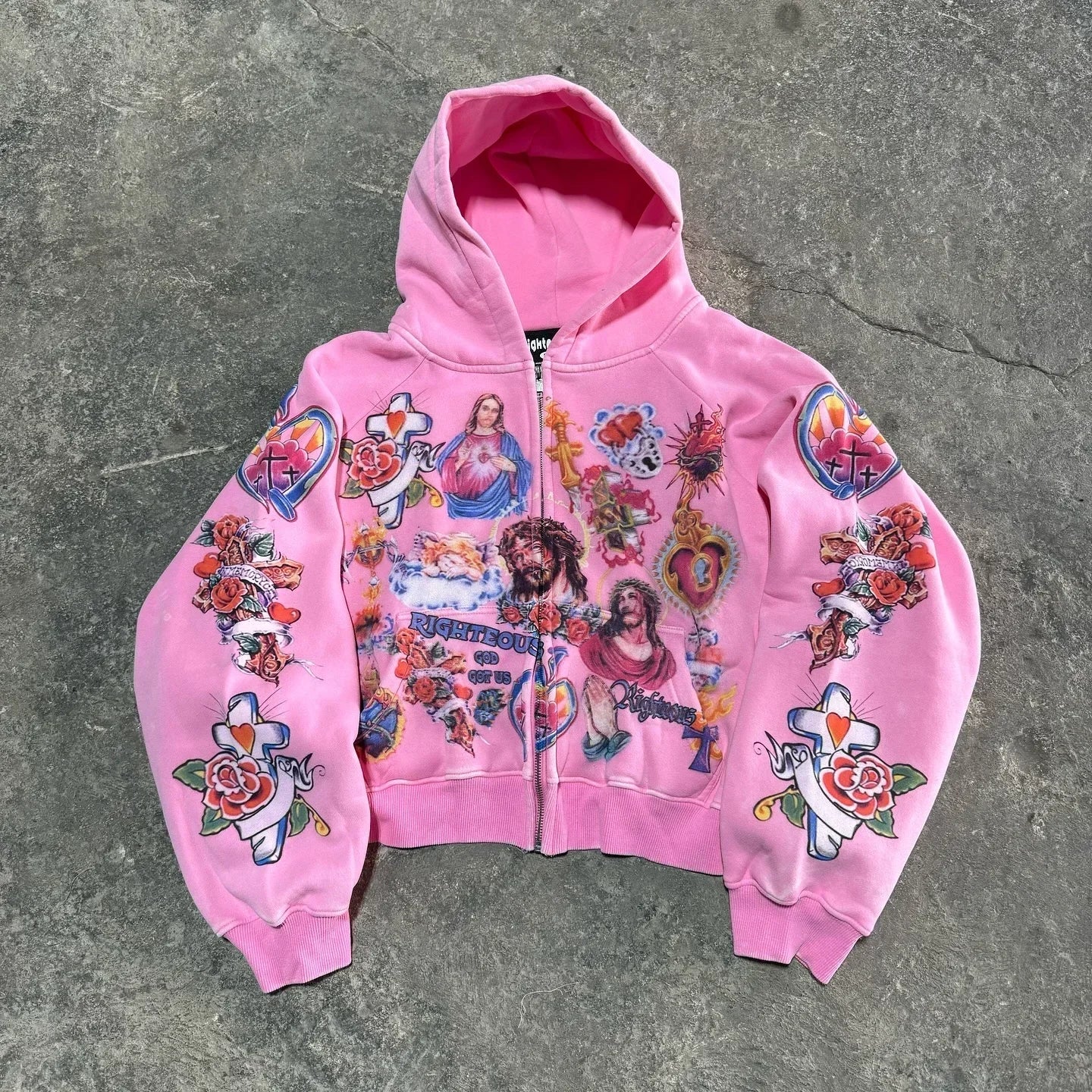 Men Blue Hip Hop Streetwear Hooded Sweatshirt Cartoon Graphic Print Oversized Casual Y2K Fashion Trendy Pullover Urban Style