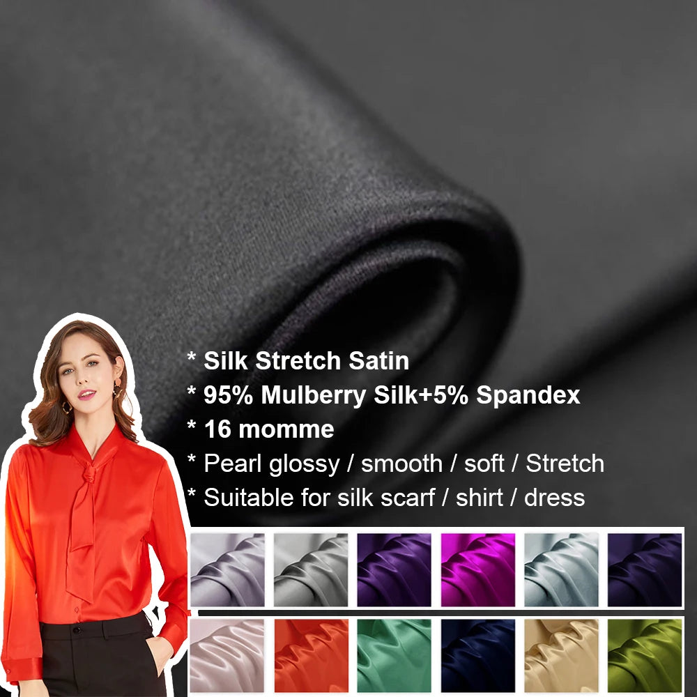 CISULI Pure Silk Stretch Satin Fabric,16momme,Width 140cm,Silk Lycra,Shirt and Dress Cloth Material