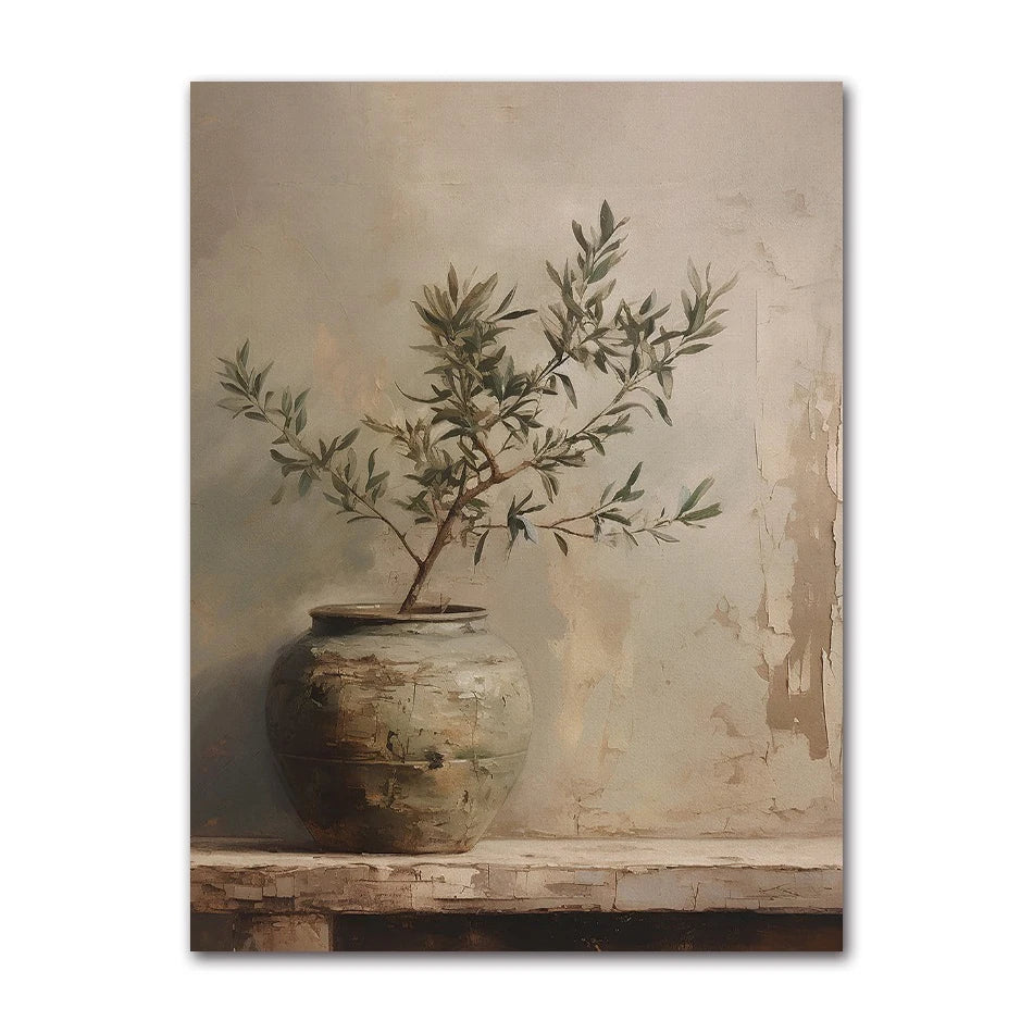 Vintage Minimalist Wall Art Italy Olive Tree in Vase Canvas Painting Poster Prints Still Life Botanical Antique Home Room Decor