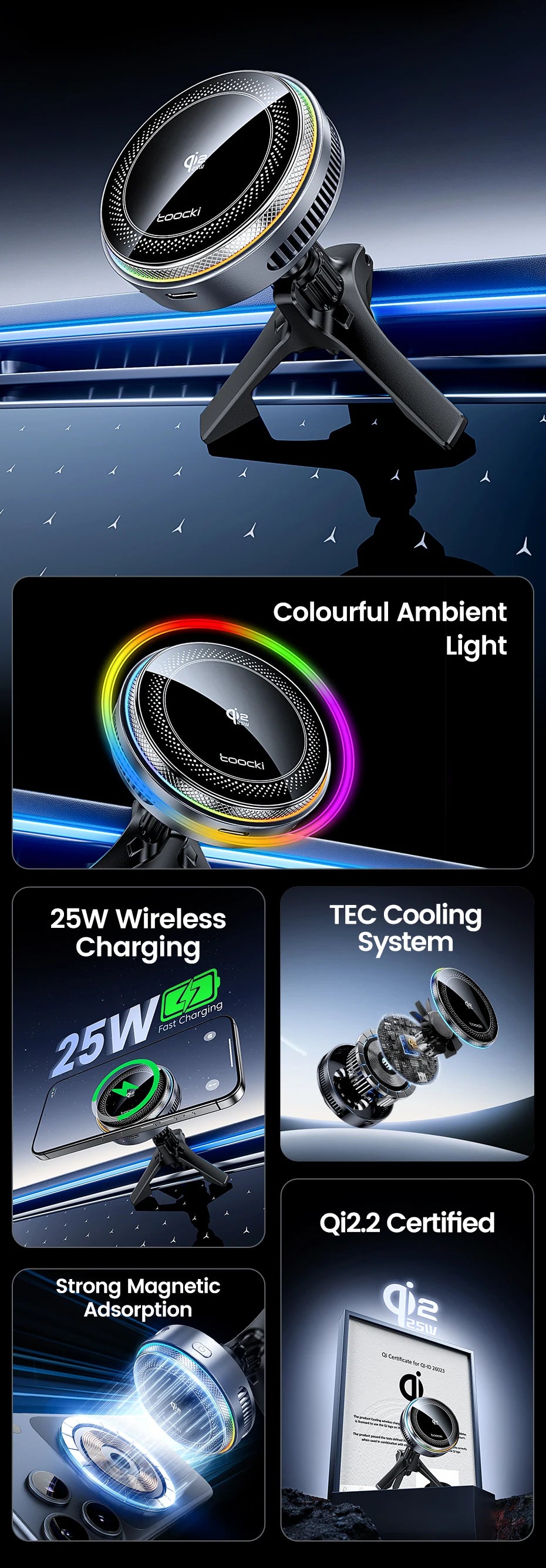 Toocki Qi2.2 25W Car Wireless Charger Phone Holder Stand TEC Cooling for iPhone 17 16 15 Pro Max Smasung S26 S25 Magsafe Charger