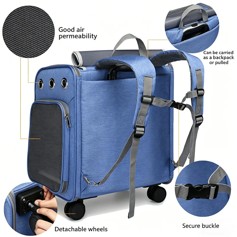 2 In 1 Large Pet Backpack Cat Stroller Pet Carrier with Wheels Portable Foldable Tie-Rod Pet Bag Cat and Dog Travel Carrier Bag
