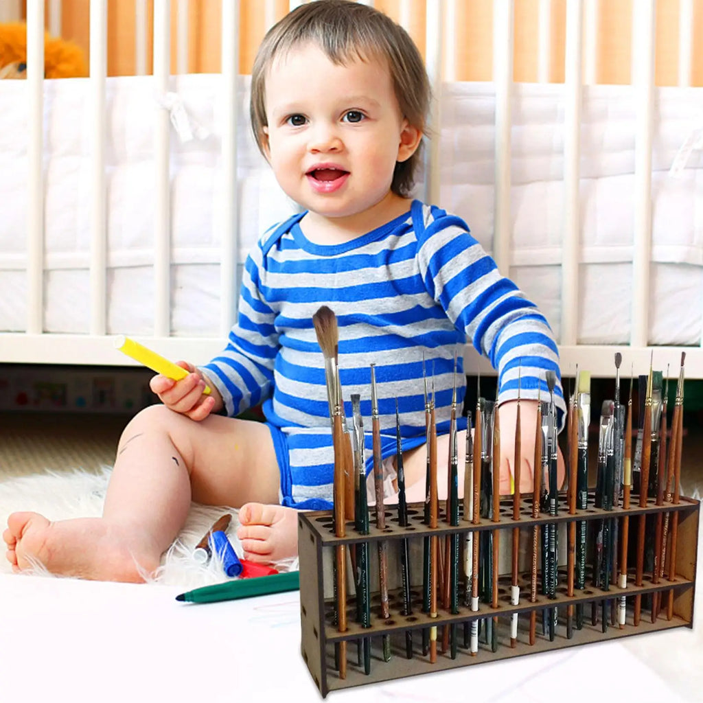 25CM Wall Wooden Brush Holder 67-Slot Premium Double-layer Durable Artist Desk Organizer Pencil Paint Brushes Storage Art Craft