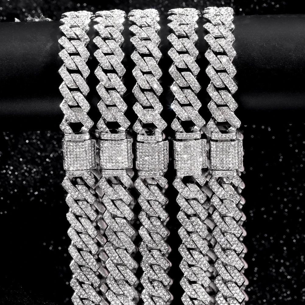 14mm Iced Out  Prong Cuban Link Chain Necklace for Men Women 2 Row Rhinestone Paved Miami Rhombus Hip Hop Jewelry Wholesale