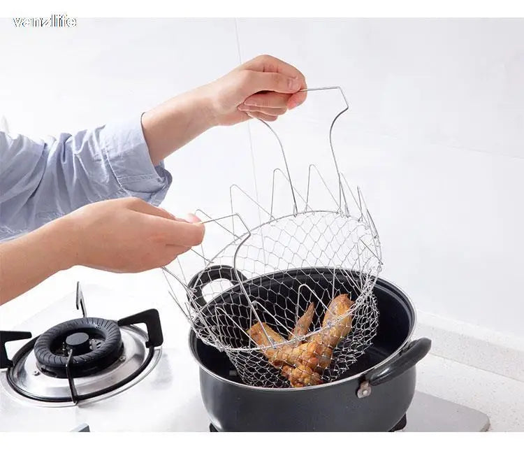 vanzlife stainless steel deep-fried large noodle kitchen French fries tools drain basket Household leak net spoon folding filter
