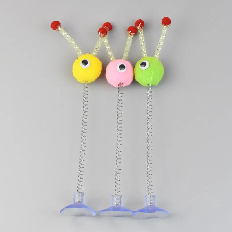 Pet Cat with Spring Toy Interactive Fun Teasing Cat Stick Suction Cup Fur Ball Pet Cat Toy