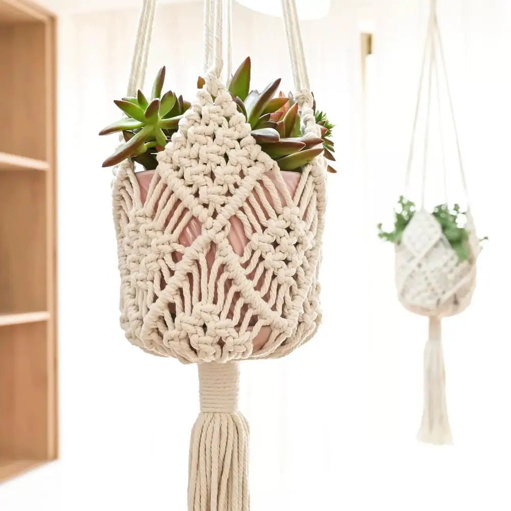 Macrame Plant Hanger Handmade Cotton Rope Hanging Basket Boho Style Planter Holder for Indoor & Outdoor Home Decor