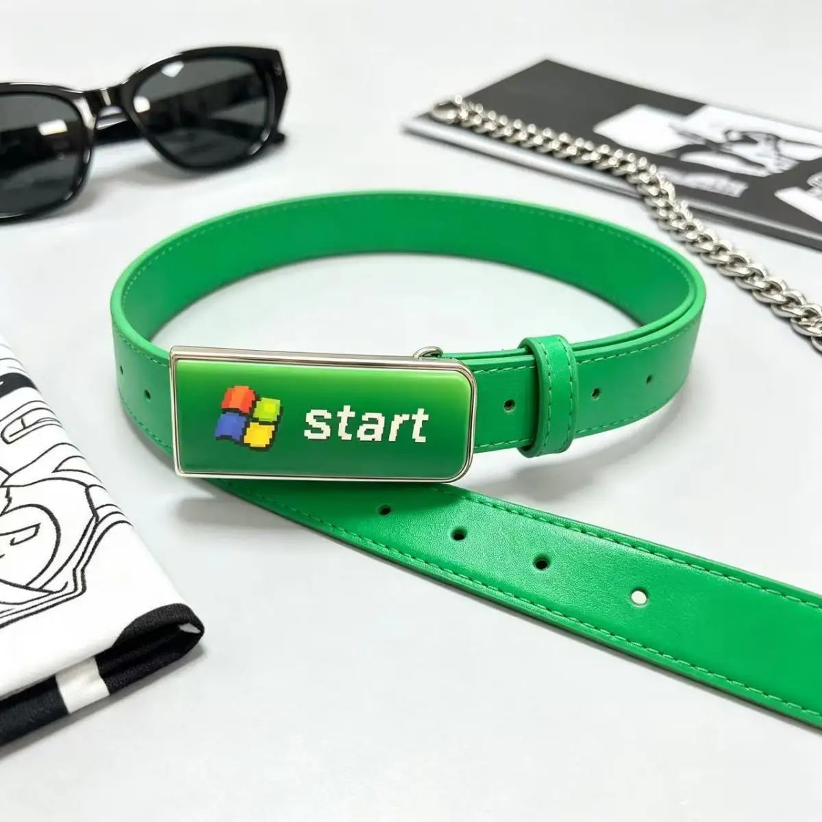 Y2K Unisex PU Waist Belt Retro Computer Pixel Start Button Square