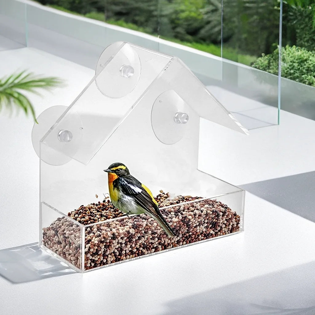 Acrylic Bird Feeder Clear Window Outside Hanging Bird Feeder House with Suction Cup for Garden Outdoor Backyard Wildlife Birding