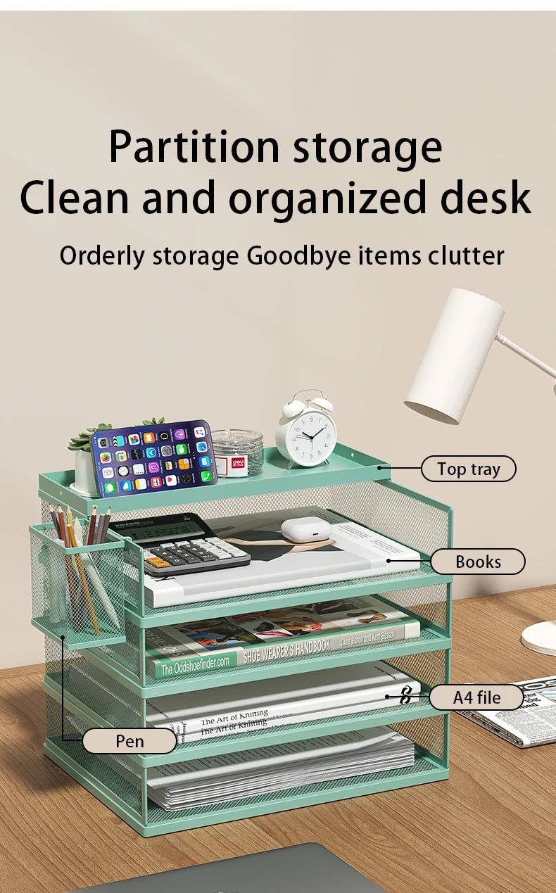 4-Tier Green Stackable Letter Tray Office Desk Organizer File Trays, Desktop Holder for Paper Letter Accessories with Pen Holder