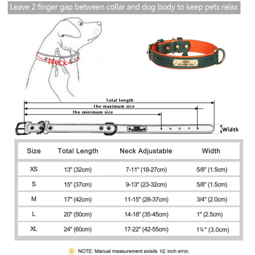 Personalized Customized Leather ID Nameplate Dog Collar Soft Padded