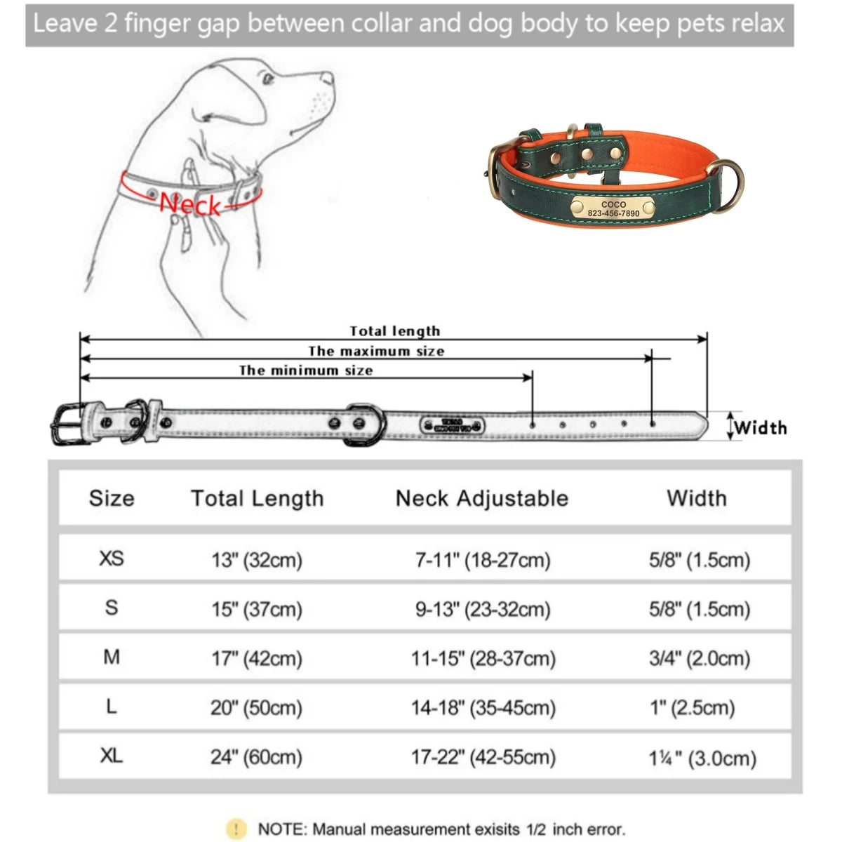 Personalized Customized Leather ID Nameplate Dog Collar Soft Padded