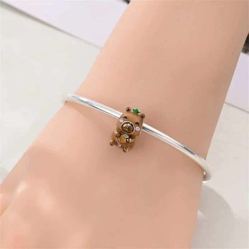 Cute Pet Series Capybara Couples Charms Eat Fruit Beads Fit DIY 925 Silver Bracelet Necklace Women Anniversary Jewelry Gift