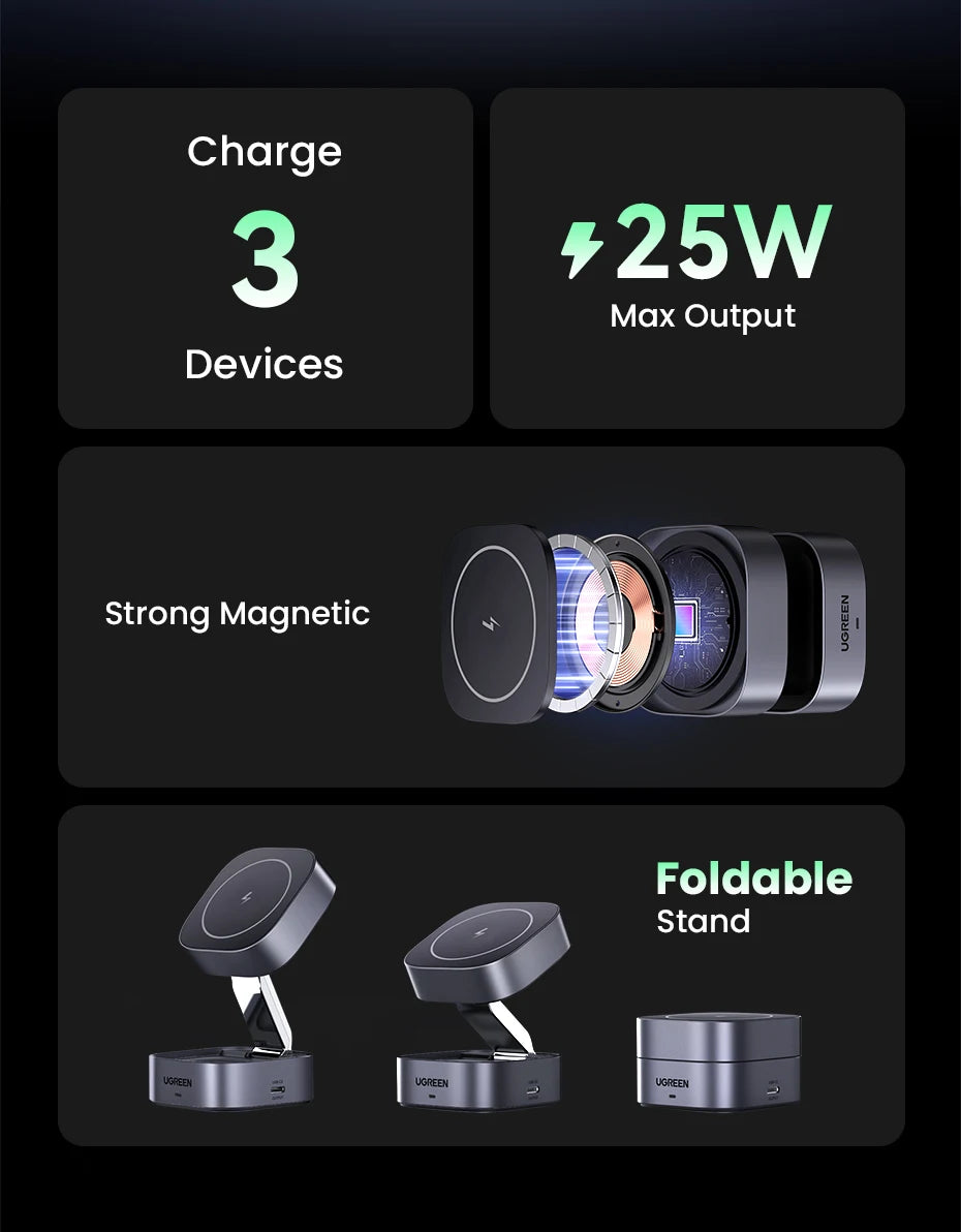 BR Sale UGREEN 15W Magnetic Wireless Charger 2-in-1 Charging Stand For iPhone 16 17 Pro Max/AirPods For Magsafe Fast Charger