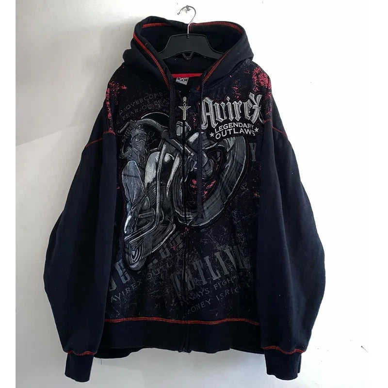 Zipper Hoodie Y2K Harajuku goth Long Sleeve Sweatshirt Oversized Hooded Jacket Gothic Loose Streetwear Skull Anime Men Women