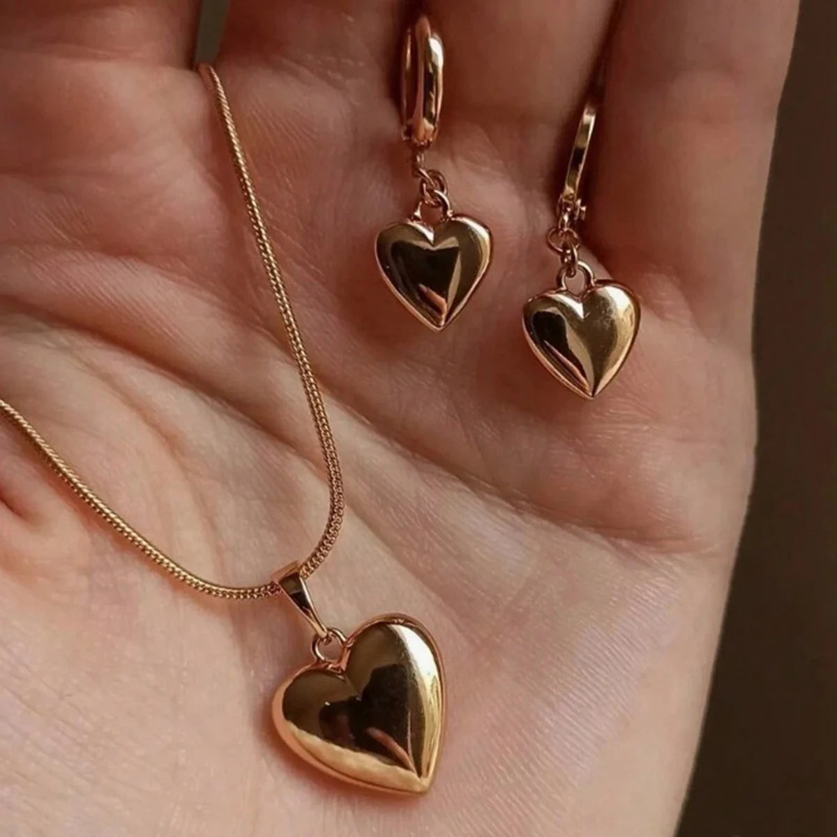 Minimalist Puffy Heart Jewelry Set Rose Gold