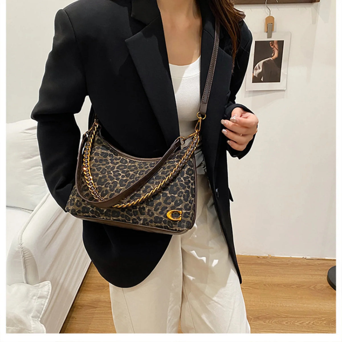Leopard Print Chain Crossbody Bag Women's Y2K Style Single