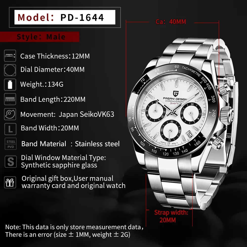 PAGANI DESIGN PD1644 Men's VK63 Quartz Chronograph Watch Sapphire