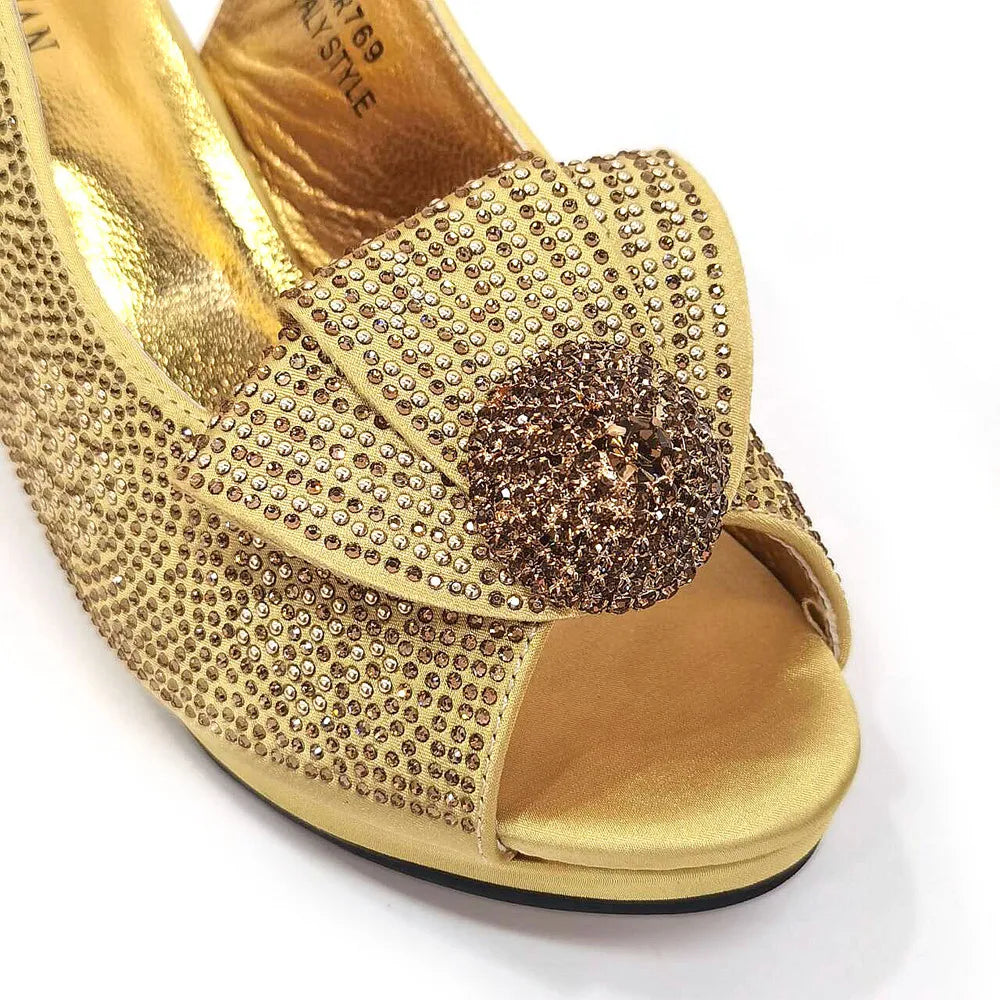 Golden Wedding Shoes and Bag Set, Diamond Decor