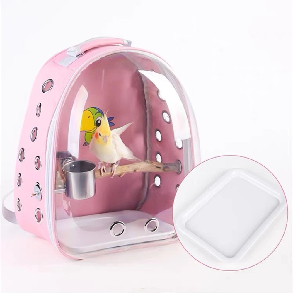 Portable Bird Cage with Prech Feeder and Tray, Acrylic Pet Backpack Bag, Parakeet, Cockatiel, Parrot, Bunny, Travel