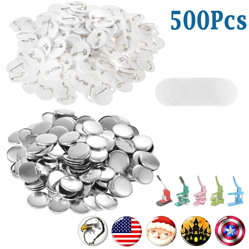 500Pcs Round Button Badge Parts Material 25mm 37mm 44mm 58mm DIY Badge Supplies Aluminum Top Plastic Clip Bottom & Plastic Film