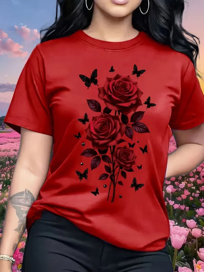 Red Rose Print Women T Shirt Elegant Butterfly Graphic