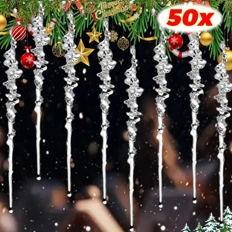20/50PCS Clear Acrylic Icicle Ornaments Threaded Pendants for Christmas Tree Decorations Crystal Hanging Icicles Drop Xmas Wedding Decoration Supplies