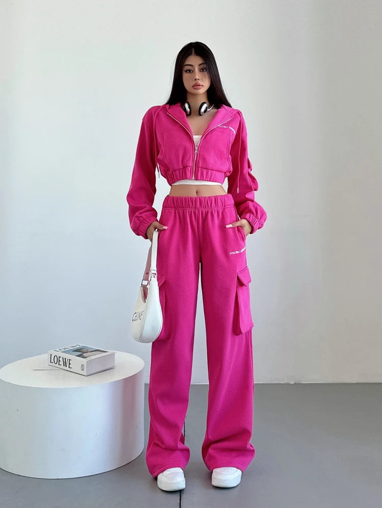 WOMENGAGA Short Zipper Sweatshirt Large Pocket Wide Leg Pants Two Piece Casual Plush Set For Winter Women Fashion Sweet 2PTB