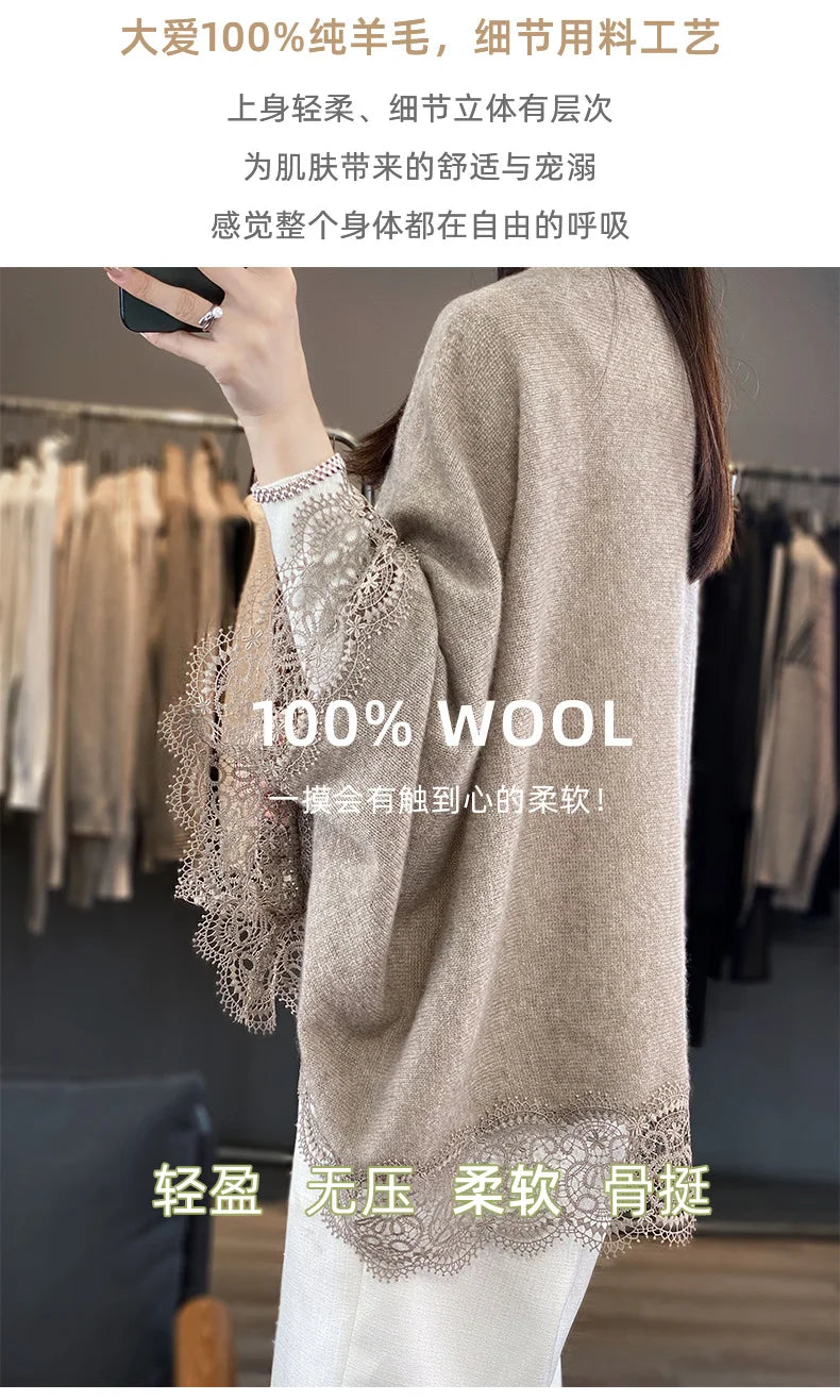 Popular Lace Edge 100% Wool Knitted Shawl Spring Autumn Thin Women's Soft, Skin friendly, Breathable, and Fashionable Cardigan