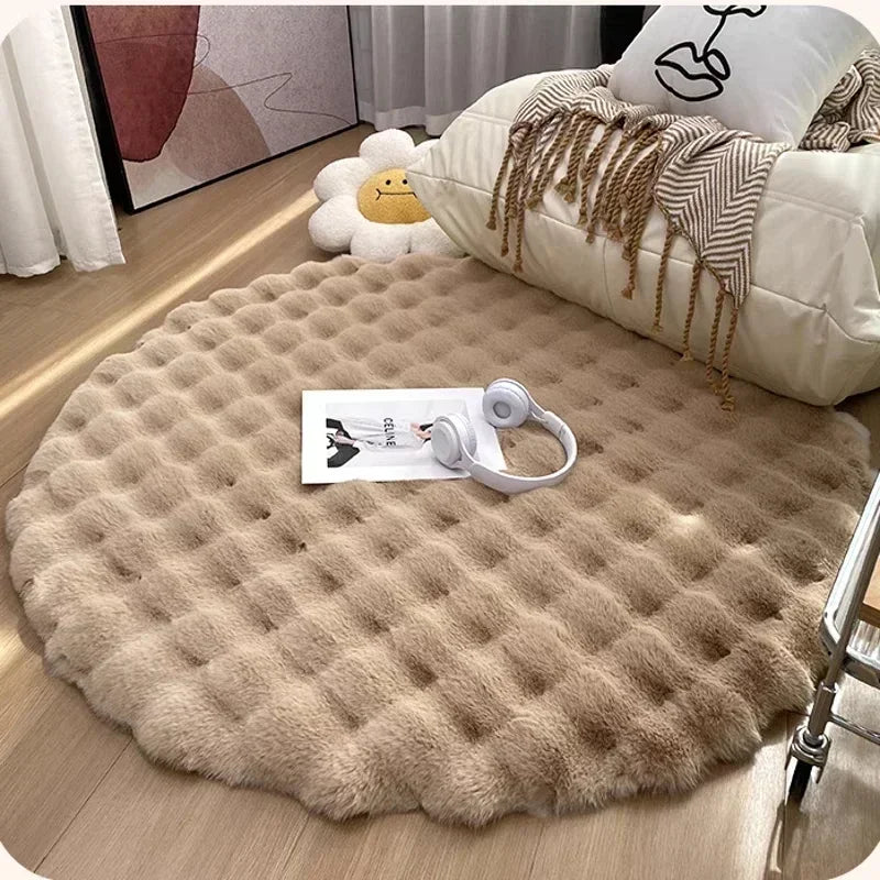 Ins Solid Color Fluffy Round Area Rug Plush Sofa Couch Cushion Bubble Fleece Fabric Bedroom Bedside Floor Mat Home Decor Carpet